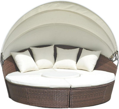 Evre Seychelles Day Sun Bed Rattan Round Outdoor Garden Furniture Set With Extendable Canopy Table 5 Pieces Brown from B&Q