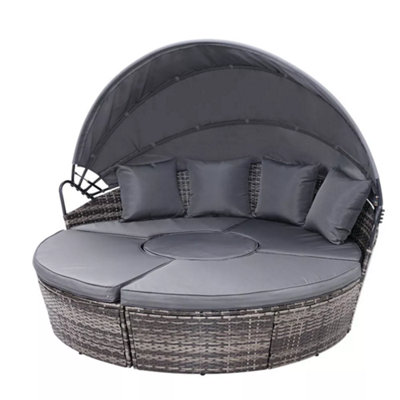 Evre Seychelles Day Sun Bed Rattan Round Outdoor Garden Furniture Set With Extendable Canopy Table 5 Pieces Mixed Grey from B&Q