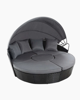 Evre Black Seychelles Day Sun Bed Rattan Round Outdoor Garden Furniture Set Extendable CanopyTable from B&Q