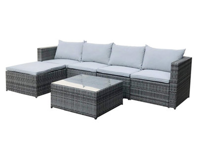 Evre Grey Miami Rattan Garden Furniture SetCorner SofaGlass Coffee Table Foot Stool And Cushions For Patios Conservatories from B&Q