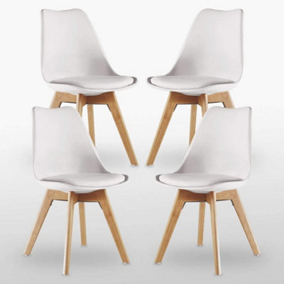 B&Q -  Set Of 4  White Scandinavian Dining Chairs With Leather Cushions Solid Wood Legs