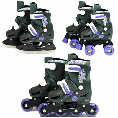 Sk8 Zone Purple Girls 3In1 Adjustable Roller Blades Inline Quad Ice Skates 9-12 (27-30 Eu) Small