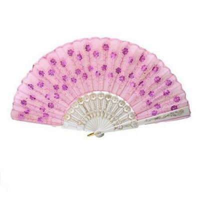 B&Q -  Pink And White Spanish Lace Silk Folding Hand Fan Stylish Party Accessory With Peony Design