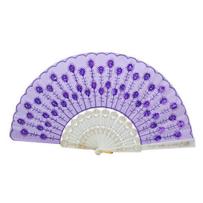 B&Q -  White And Lilac Spanish Lace Folding Hand Fan Silk Look Elegant Peony Design 23Cm