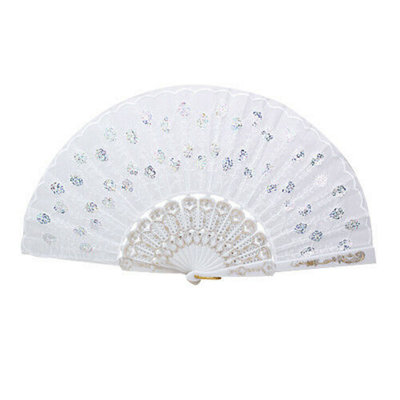 B&Q -  White Spanish Lace Folding Hand Fan Silk Style Elegant Peony Design 23Cm