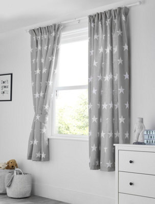 Bloomsbury MillGrey & White Stars Curtains For Kids BedroomLined Curtain Pair With Tie Backs 66 X 72 Inch Or 168Cm X 183Cm from B&Q