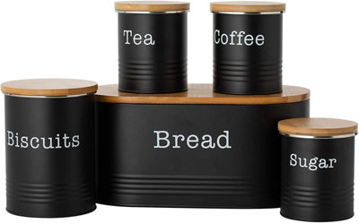 Typhoon 5Pc Essential Tea,Coffee, Sugar, Biscuit And Bread Canisters With Wooden Lid - Black