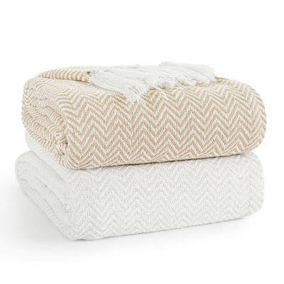 Ehc Pair Pack Chevron Cotton Throws For Sofa Settees Chair Cover Blanket127 X 152Cm  ( Pack Of 2 )Ivory / Tan from B&Q