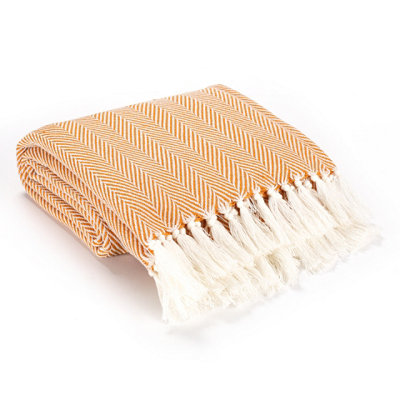Ehc Herringbone Lightweight Soft Warm Wool  Feel Acrylic Throws For Sofa BlanketOchre from B&Q