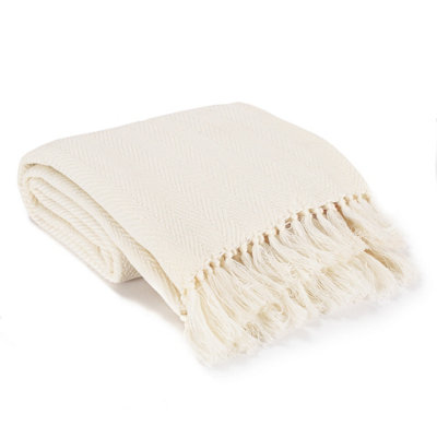 Ehc Herringbone Lightweight Soft Warm Wool  Feel Acrylic Throws For Sofa Blanket Ivory from B&Q