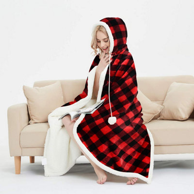 Ehc Check Design Super Soft Warm Sherpa Fleece Wearable Hooded Blanket Throw -130 X 180 Cm Red & Black from B&Q