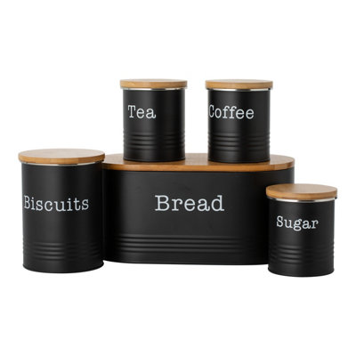 Ehc 5Pc Essential Tea, Coffee, Sugar, Biscuit And Bread Canisters With Lid - Black