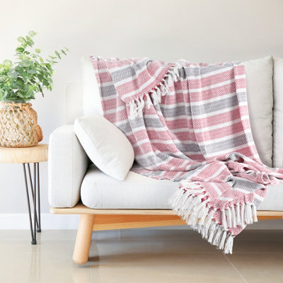 Ehc Stripe Cotton Throw For Double Bed Sofa Couch,150 X 200 CmRed / Grey from B&Q