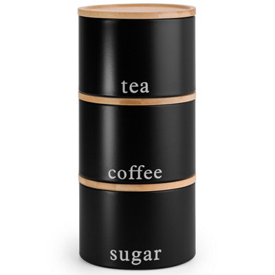 Ehc TeaCoffeeSugarCanister SetSet Of 3 Stackable Airtight Food Storage Easy To Open Storage Cansiters Jars TinBlack from B&Q