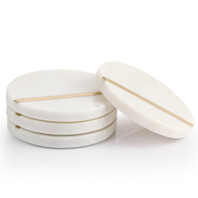 Ehc Round Marble Coasters Set Of 4 With Gold InlayCoasters Set Non-Slip Coasters For DrinksCoffee PadsWhite from B&Q