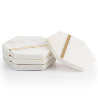 Ehc Marble Coasters Set Of 4, Hexagon Coasters Set, Non-Slip Coasters For Drinks, Coffee Pads, White