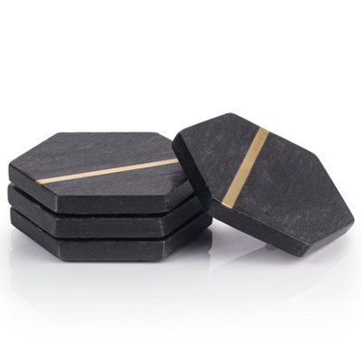 Ehc Marble Coasters Set Of 4, Hexagon Coasters Set, Non-Slip Coasters For Drinks, Coffee Pads, Black