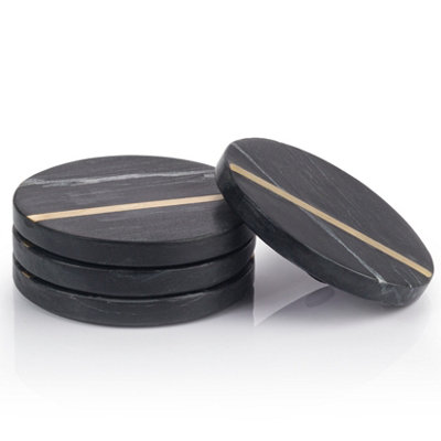 Ehc Round Marble Coasters Set Of 4 With Gold InlayCoasters Set Non-Slip Coasters For DrinksCoffee Pads Black from B&Q