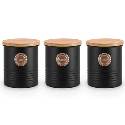 Ehc  Tea Coffee Sugar Cainsters Set Black, Airtight Container Jars Kitchen Storage Tin, Tea Sugar Coffee Set Of 3, Black