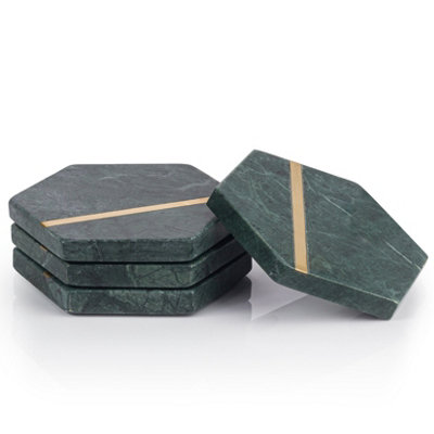 Ehc Marble Coasters Set Of 4, Hexagon Coasters Set, Non-Slip Coasters For Drinks, Coffee Pads, Green