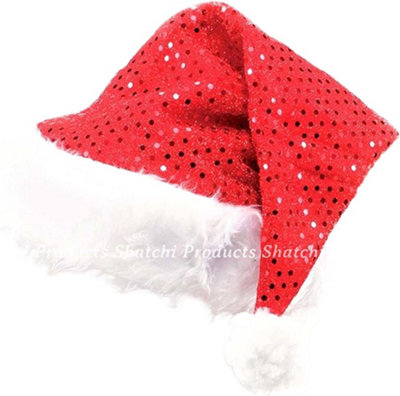 Shatchi Deluxe Santa Father Christmas Hat With Sequin Fancy Dress Costume Accessories Party Celebration Outfit Decorations from B&Q