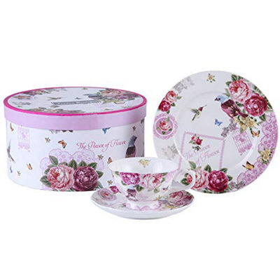 London Boutique Afternoon Tea Set 3 Coffee Tea Cup And Saucer Dessert Plate (Bird Rose Butterfly)