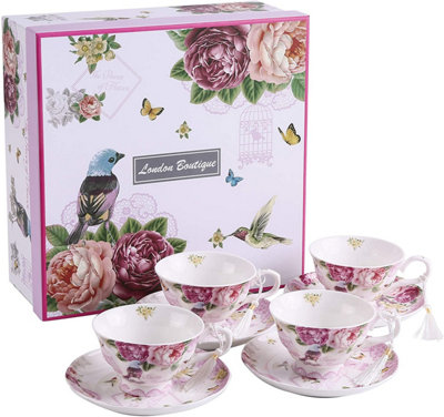London Boutique Coffee Tea Cup And Saucer Set 4 Shabby Chic Vintage Porcelain Bird Butterfly Flora Gift Box (Bird Rose Butterfly)