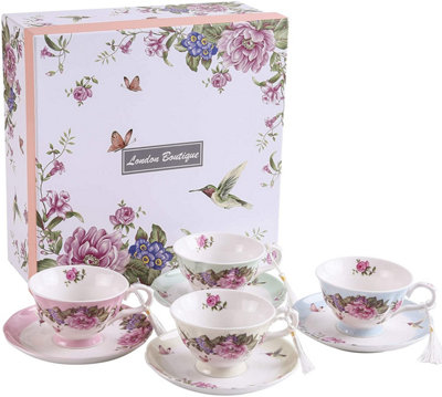 London Boutique Coffee Tea Cup And Saucer Set 4 Shabby Chic Vintage Porcelain Bird Butterfly Flora Gift Box (1 Set Of 4)