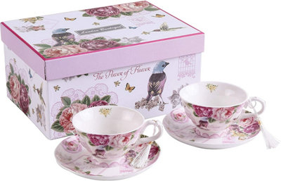 London Boutique Coffee Tea Cup And Saucer Set 2 Shabby Chic Vintage Flora Porcelain Set Gift Box ( Bird Rose) Pink