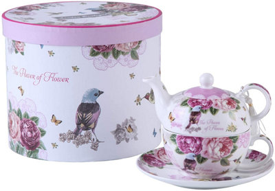 London Boutique Tea For One Teapot Cup Suacer Set Vintage Flora Rose Lavender Porcelain Gift Box (Bird Rose Butterfly) from B&Q