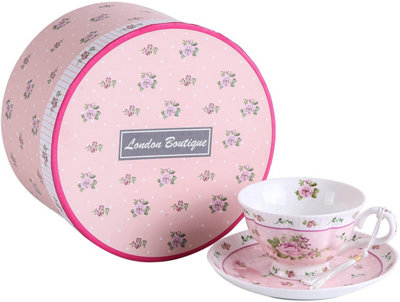 London Boutique Coffee Tea Cups And Saucers Set Of 2 Vintage Flora Rose Porcelain Gift Box (Rose 1Pc Set) Lavender/Pink
