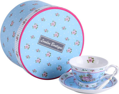 London Boutique Coffee Tea Cups And Saucers Set Of 2 Vintage Flora Rose Porcelain Gift Box (Rose 1Pc Set) Lavender/Blue