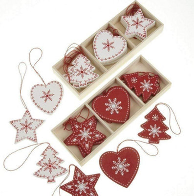 Heaven Sends Unisex Multicolor Set Of 24 Wooden Scandi Christmas Decorations Red & White - Image 4