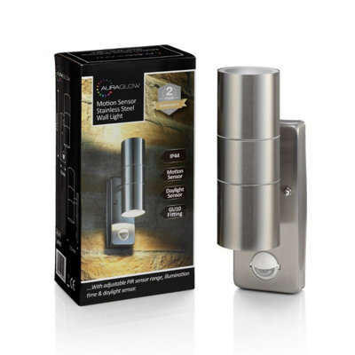 Auraglow Pir Motion Sensor Stainless Steel Up & Down Outdoor Wall Security LightCool WhiteTwin Pack from B&Q