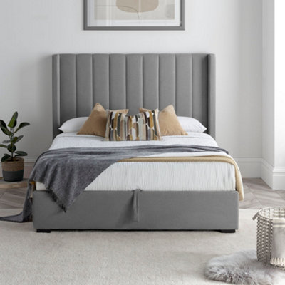 Maya Winged Ottoman Storage Light Grey UpholsteredDouble 4Ft6 Bed Frame Only