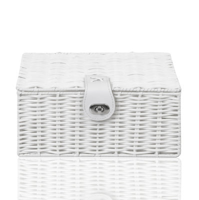 Arpan White Resin Woven Storage Basket Box With Lid & Lock - Small