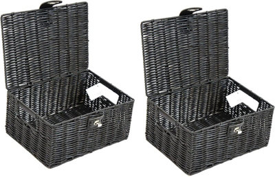 Arpan Pack Of 2 Resin Woven Storage Hamper Basket Box With Lid & Lock ( - Small) Black