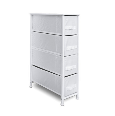 B&Q -  4 Narrow Chest Drawers Storage Tower DresserWood TopSturdy Steel FrameOrganizer Unit White 4 Drawer