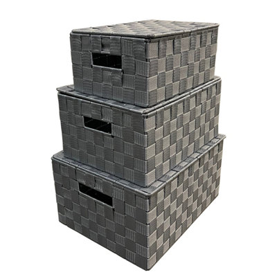 Arpan Set of 3 Grey Nylon Hand Woven Storage Baskets Box Hamper - Image 6