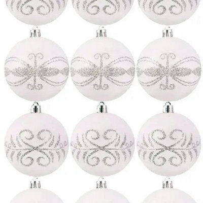 Hand Painted Shatterproof Baubles | 6cm | White & Silver | 12 Pack - Image 3