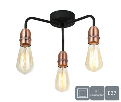B&Q -  3 Light Ceiling LightBlack With CopperE27/es Cap TypeDrop-Arms