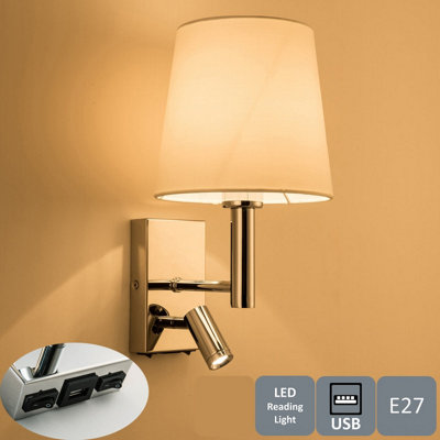 Harper Living Light/Ivory Wall Light With Switch, Adjustable Led Reading Light And Usb Port, Polished Chrome Finish, Ivory White Fabric Shade