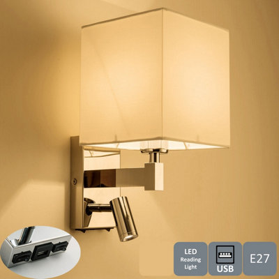 Harper Living Light/Ivory Wall Light With Adjustable Led Reading Light With Usb Port And Switch, Ivory White Fabric Shade Polished Chrome