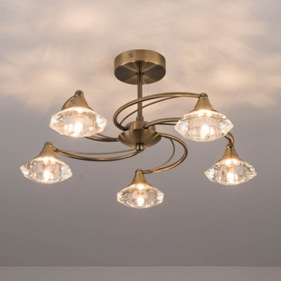B&Q -  Antique Brass Spiral 5 Light Semi-Flush Ceiling Light