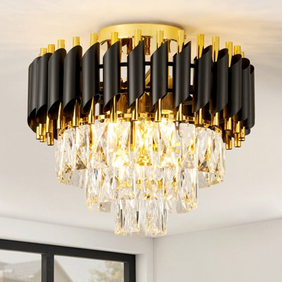 B&Q -  Crystal Ceiling LightModern Chandelier Lighting With 3 Tiers CrystalsBlack & Gold FinishSemi Flush