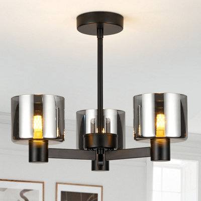 Harper Living Unisex Black 3 Lights Semi Flush Ceiling Lamp With Smoked Glass Shades, Matt - Image 5