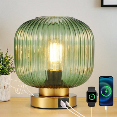 HARPER LIVING Table Lamp with USB-C & USB-A Charging Ports, Touch Control Dimmable Desk Lamp, Green Glass Shade & Brass Base Bedside Light for Bedroom Office Study, E27 Cap Type No Bulb - Image 7