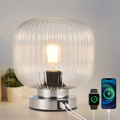 HARPER LIVING Table Lamp with USB-C & USB-A Charging Ports, Touch Control Dimmable E27 Desk Lamp, Clear Glass Shade & Chrome Base Bedside Light for Bedroom Office Study, E27 Socket No Bulb - Image 3