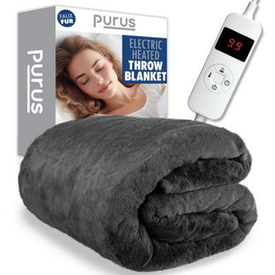 Purus Grey Heated Throw Electric Over Blanket Faux Fur Luxurious 160 X Soft Fleece Blanket 130Cm