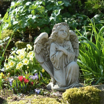 B&Q -  Kneeling Angel Girl With Arms Crossed Small Cast Stone Statuary